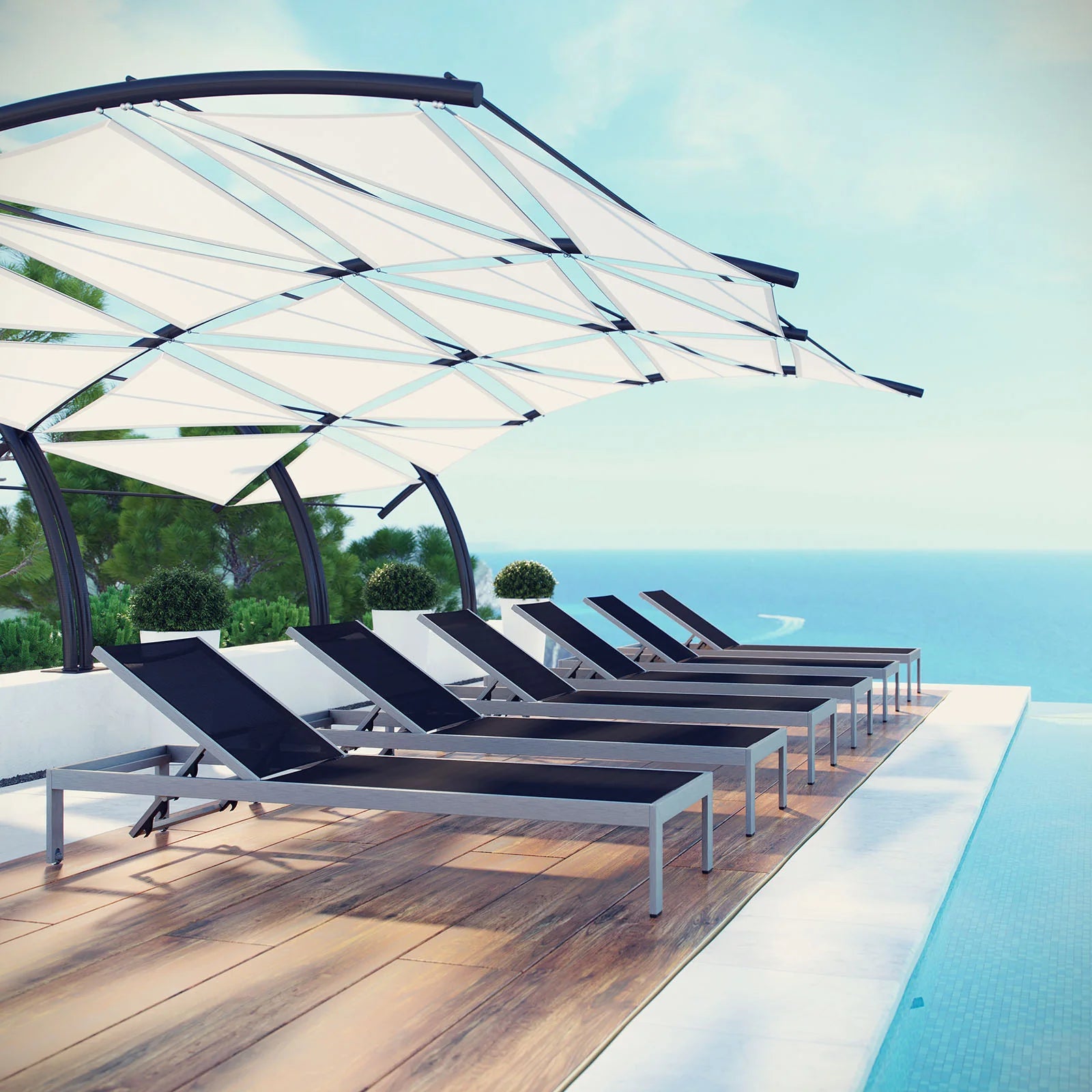 SHORE Outdoor Patio Aluminum Chaise Set of 6 in Silver